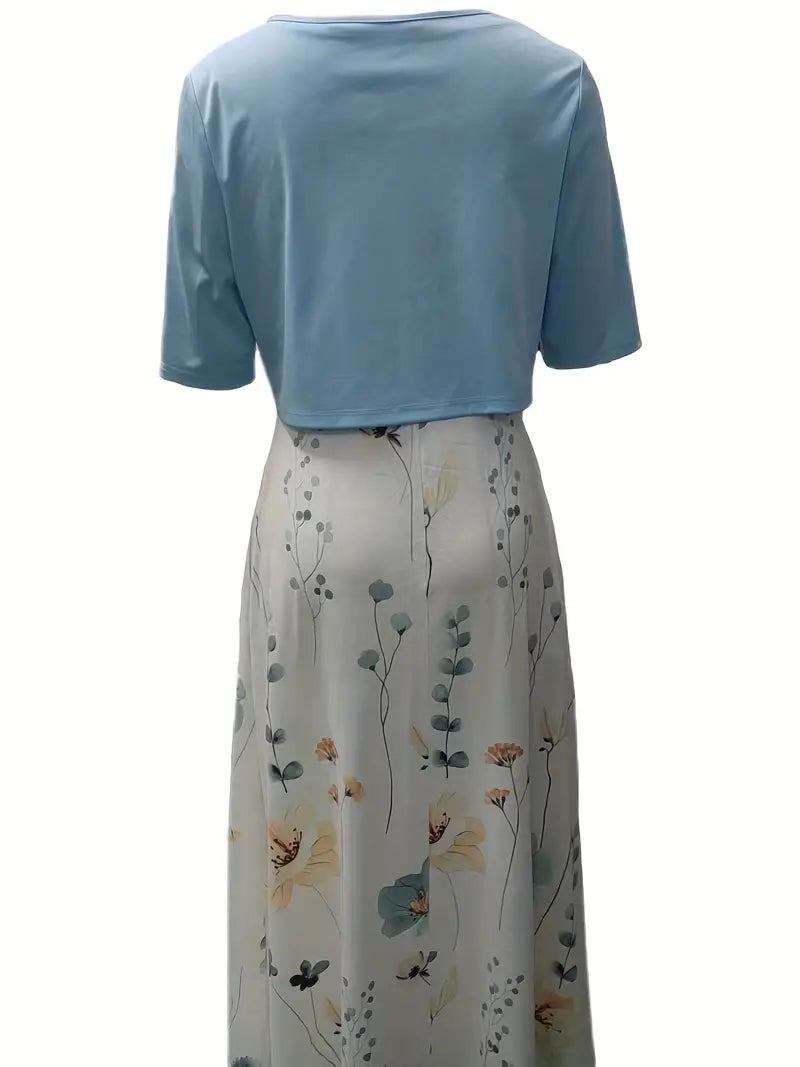 Chic Two-Piece Floral Dress Ensemble with Solid Crop Top and Round Neck