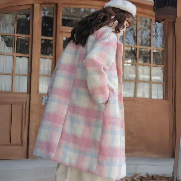 Damira - Women's Pastel Check Wool Blend Double-Breasted Coat