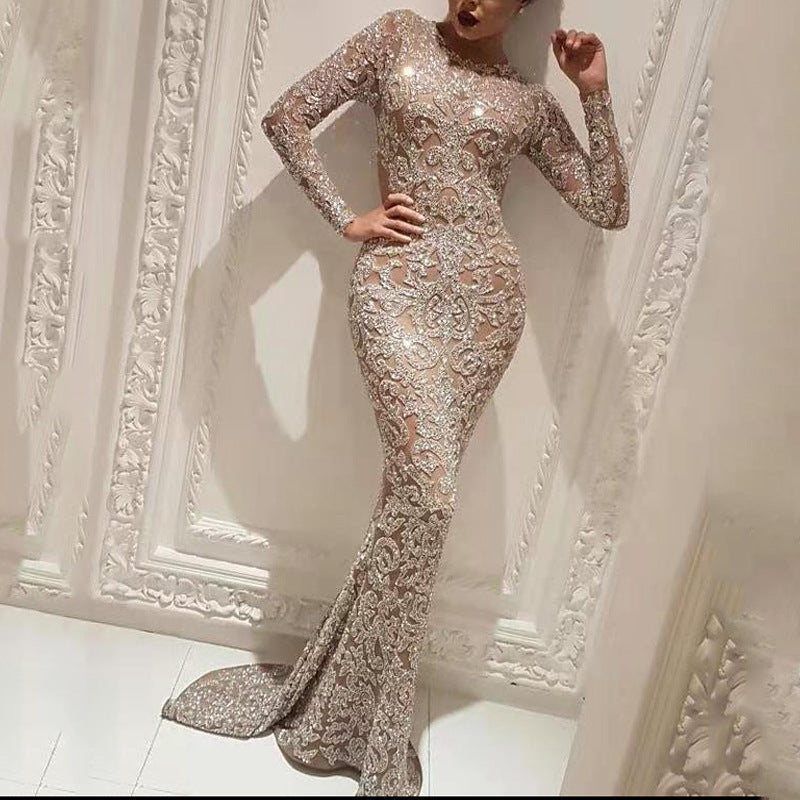 Elegant Bronzed Accents Slim Fit Long Sleeve Dress for Women