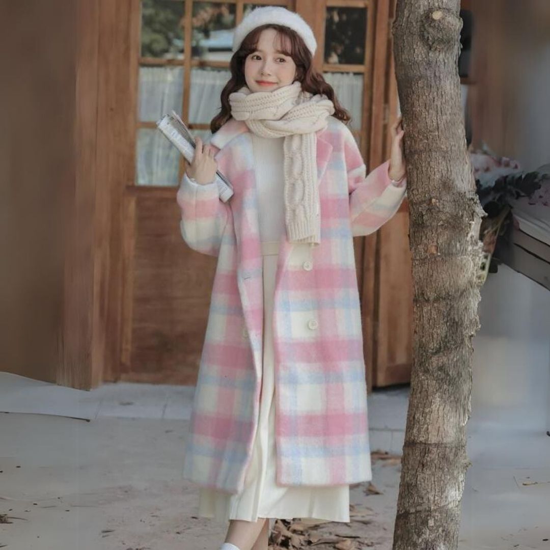Damira - Women's Pastel Check Wool Blend Double-Breasted Coat