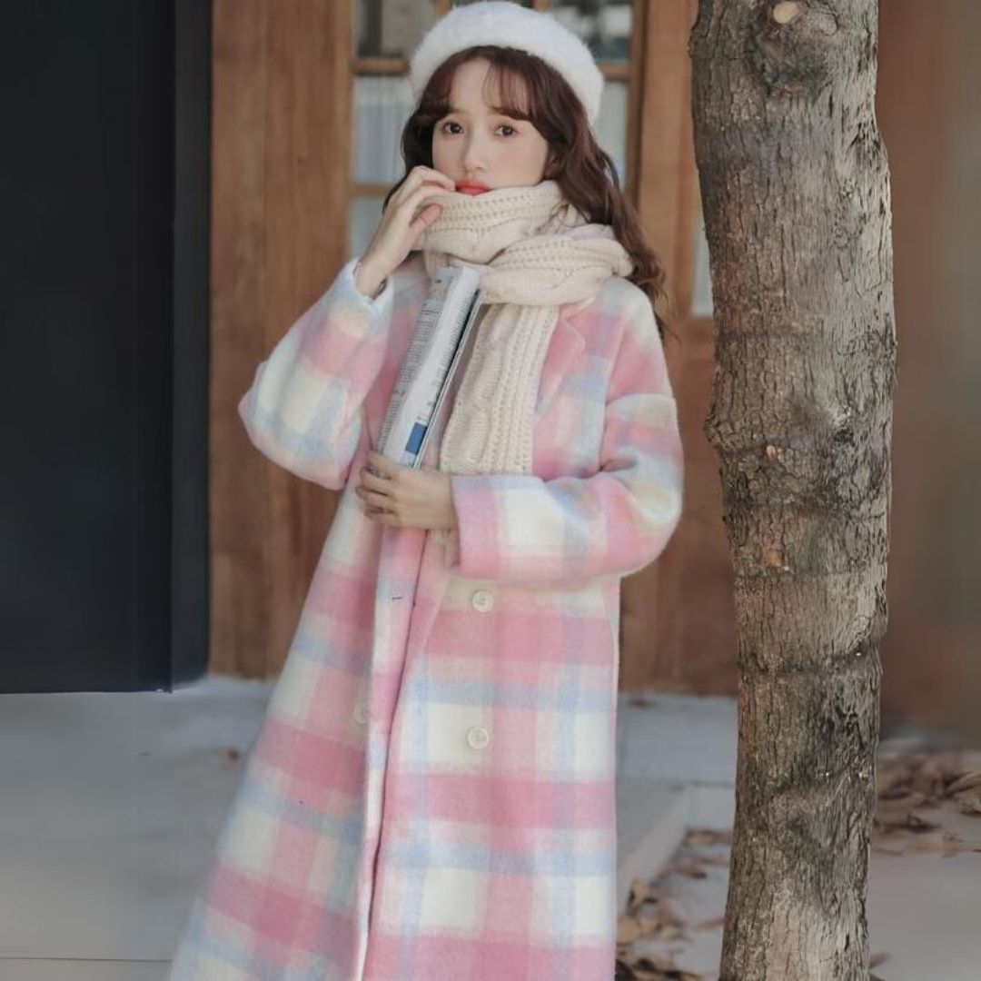 Damira - Women's Pastel Check Wool Blend Double-Breasted Coat