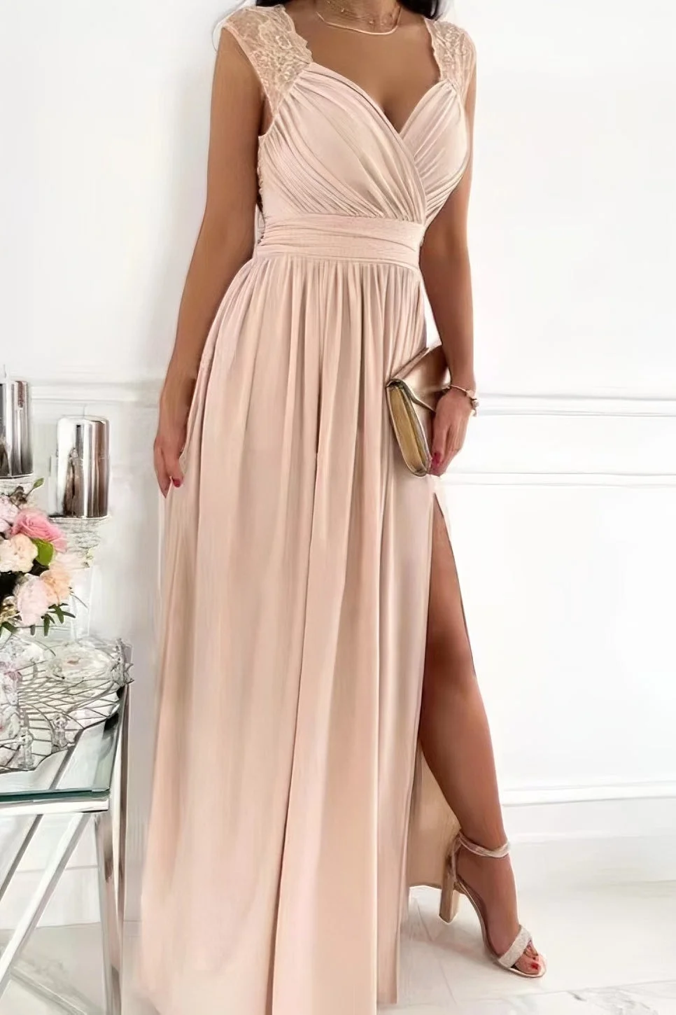 Lace Sleeveless Dress with Hem and Back Cutout Details