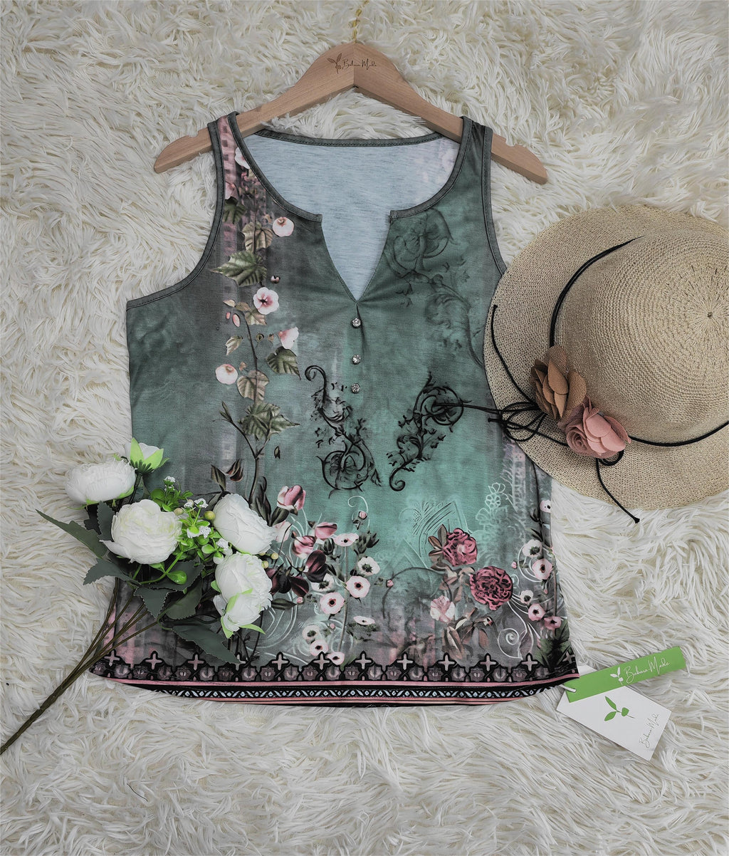 Watercolor Floral Print Sleeveless Tank Top