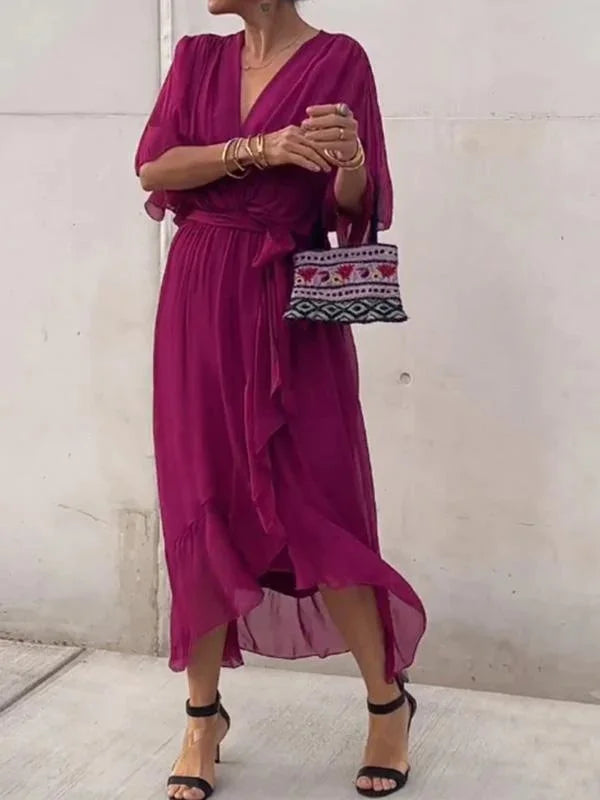 Green V-Neck Chiffon Dress for Women - Perfect for Summer