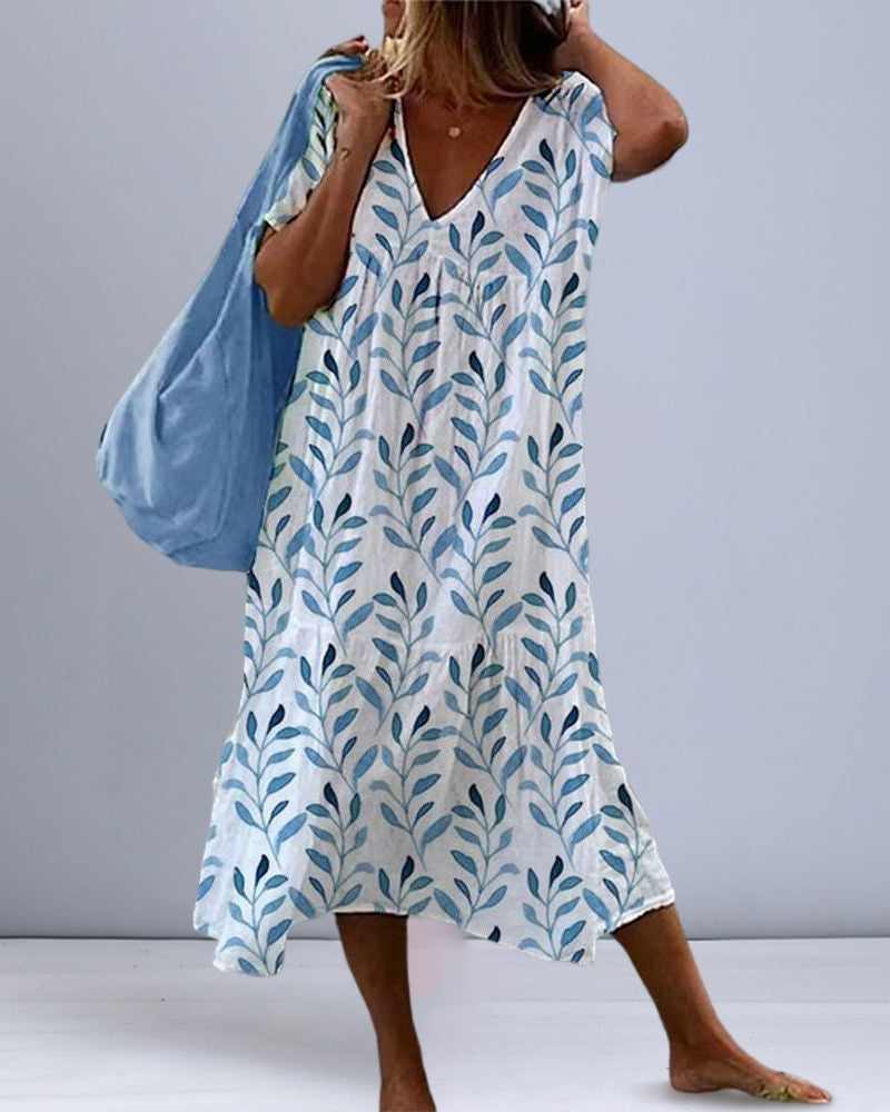 Flowy Midi Dress with Leaf Print