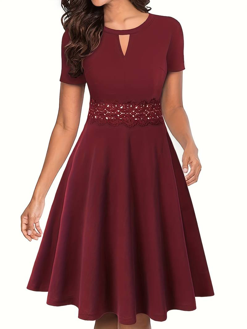 Tailored Waist Blue Dress with Elegant Lace Details