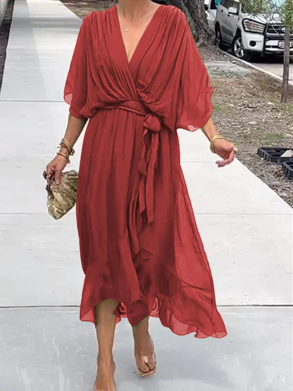 Green V-Neck Chiffon Dress for Women - Perfect for Summer