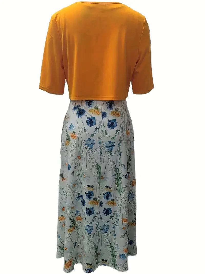 Chic Two-Piece Floral Dress Ensemble with Solid Crop Top and Round Neck