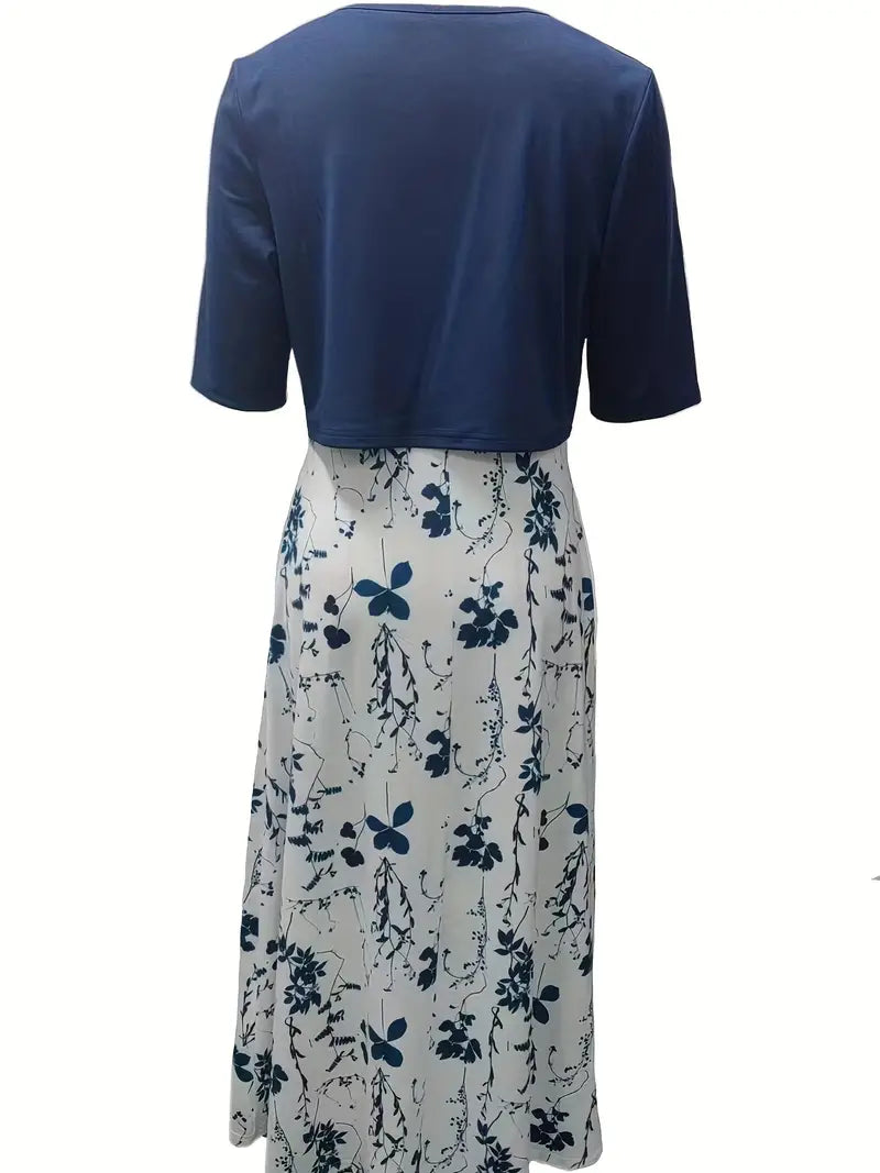 Chic Two-Piece Floral Dress Ensemble with Solid Crop Top and Round Neck