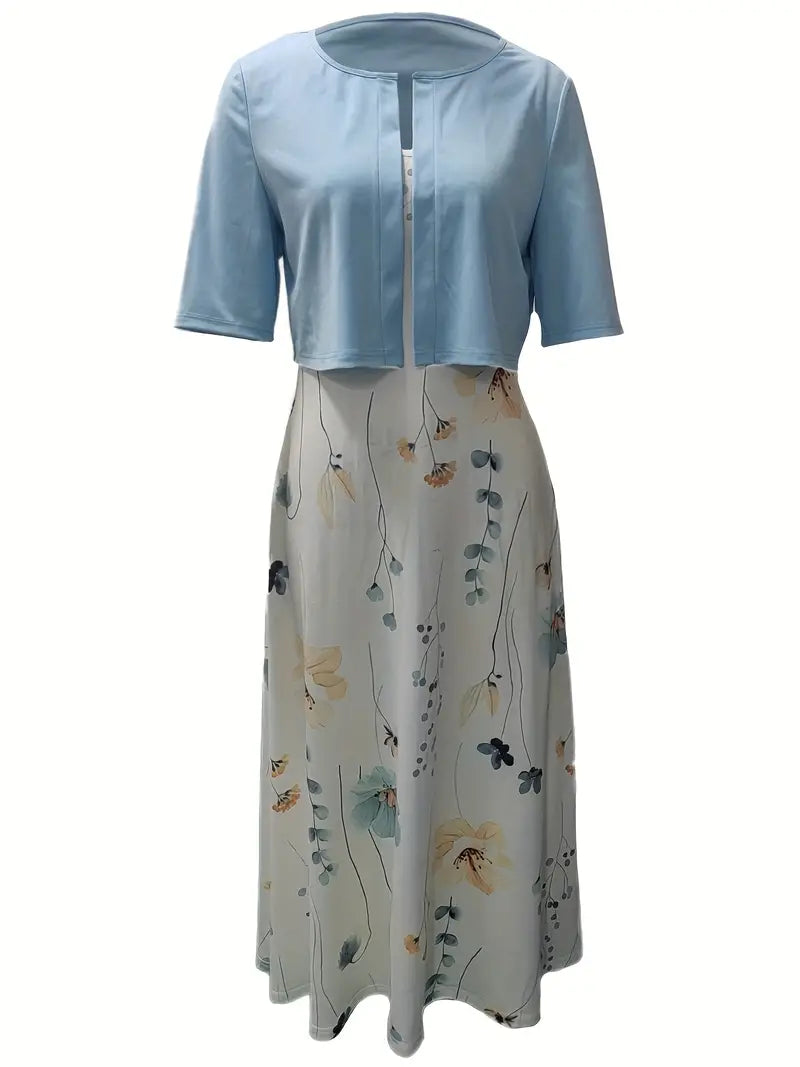 Chic Two-Piece Floral Dress Ensemble with Solid Crop Top and Round Neck