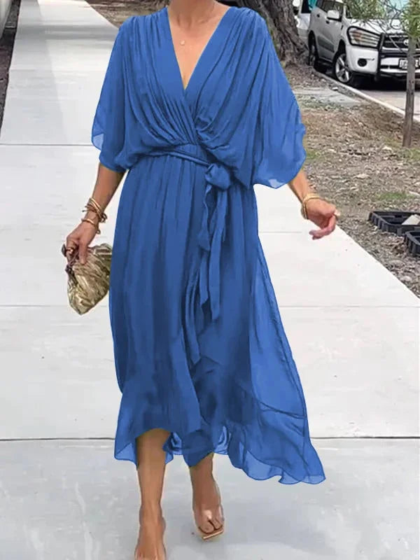 Green V-Neck Chiffon Dress for Women - Perfect for Summer