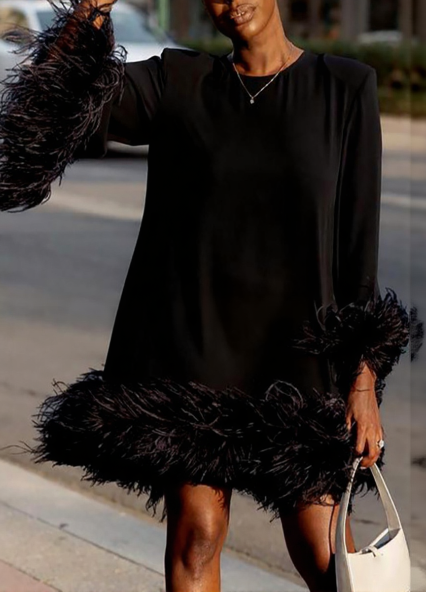 Feather-Embellished One-Shoulder Mini Dress