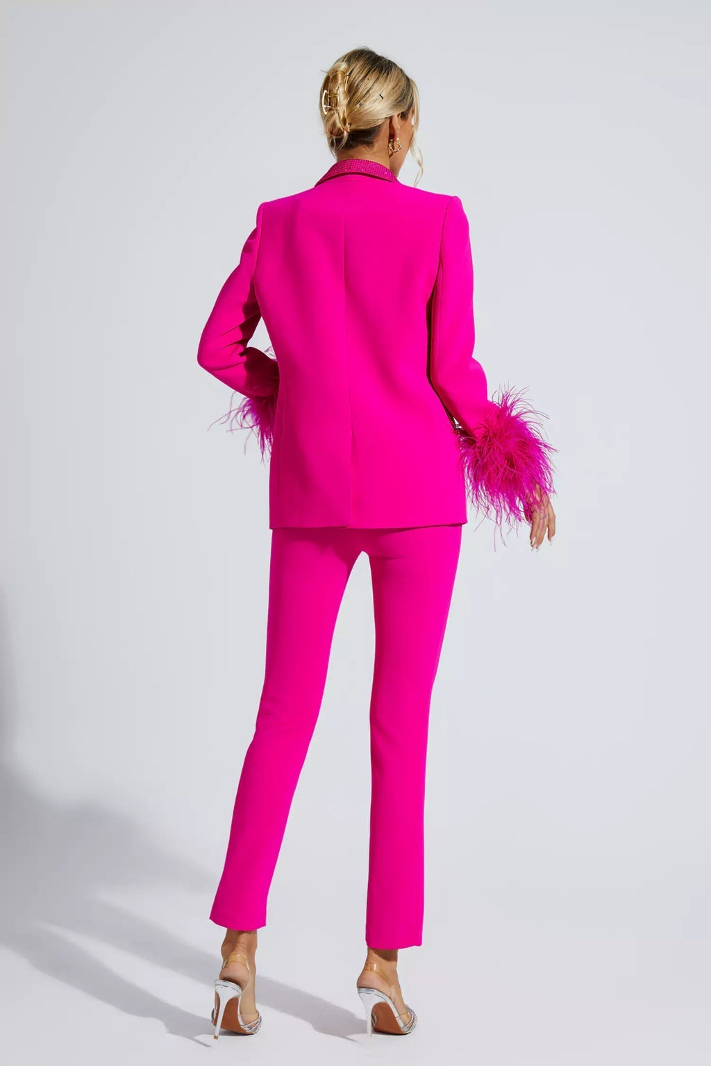 Diamond-Adorned Blazer Set with Feather Accents