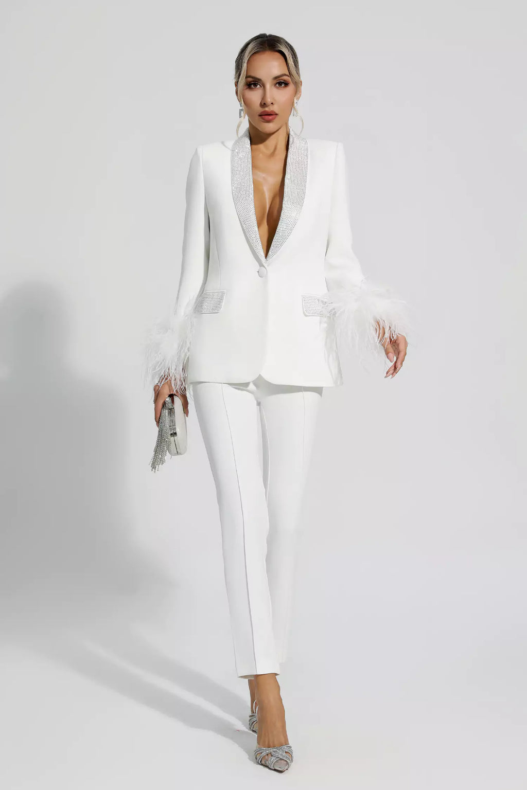 Diamond-Adorned Blazer Set with Feather Accents