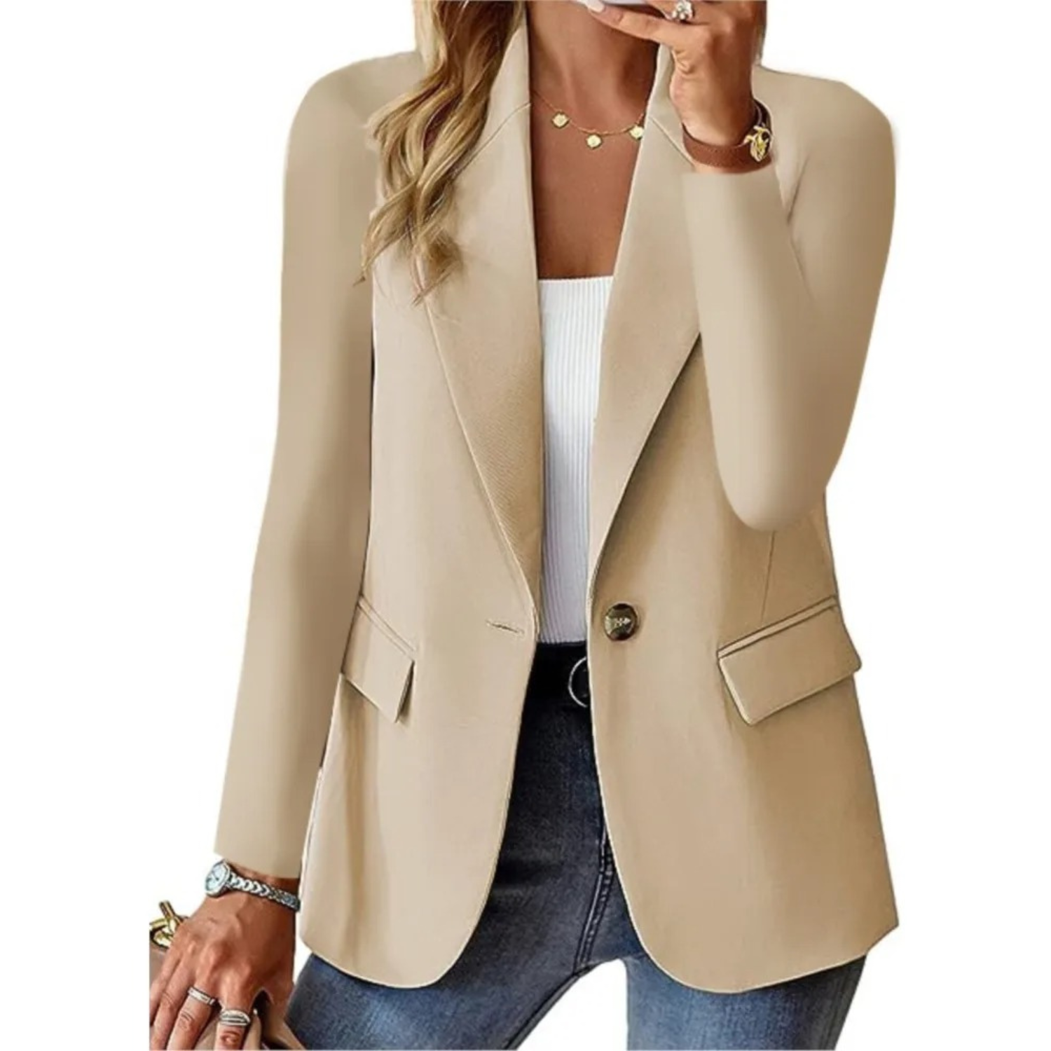 Button-Up Women's Blazer with Functional Pockets