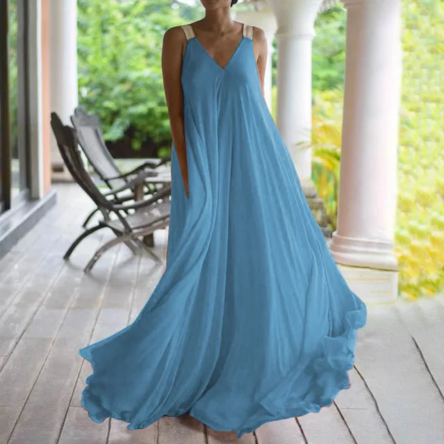Chloë - Women's Sleeveless V-Neck Boho Maxi Dress in Solid Color, Relaxed Summer Fit