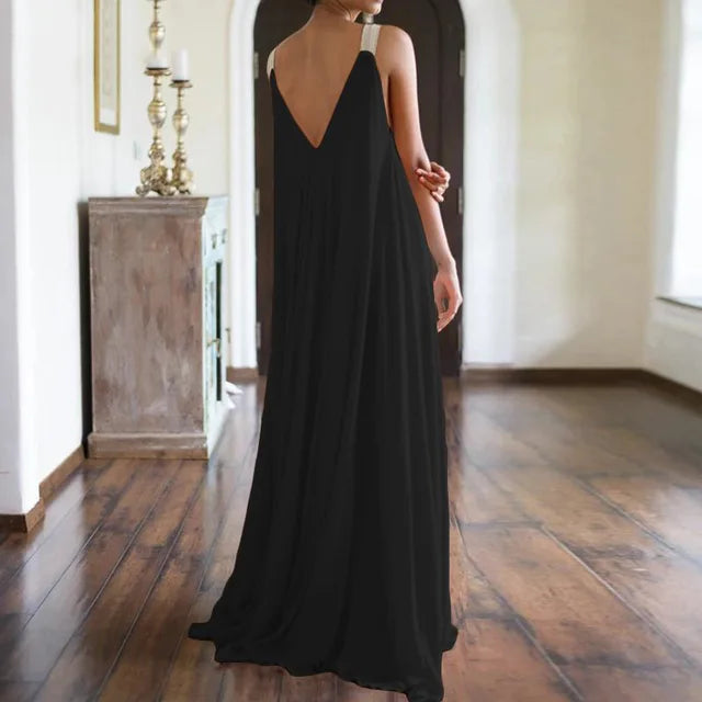 Chloë - Women's Sleeveless V-Neck Boho Maxi Dress in Solid Color, Relaxed Summer Fit