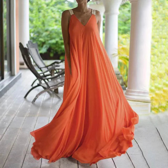 Chloë - Women's Sleeveless V-Neck Boho Maxi Dress in Solid Color, Relaxed Summer Fit