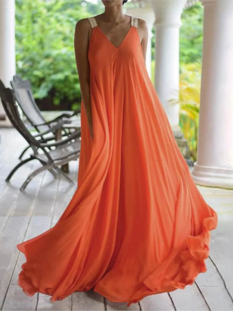 Chloë - Women's Sleeveless V-Neck Boho Maxi Dress in Solid Color, Relaxed Summer Fit