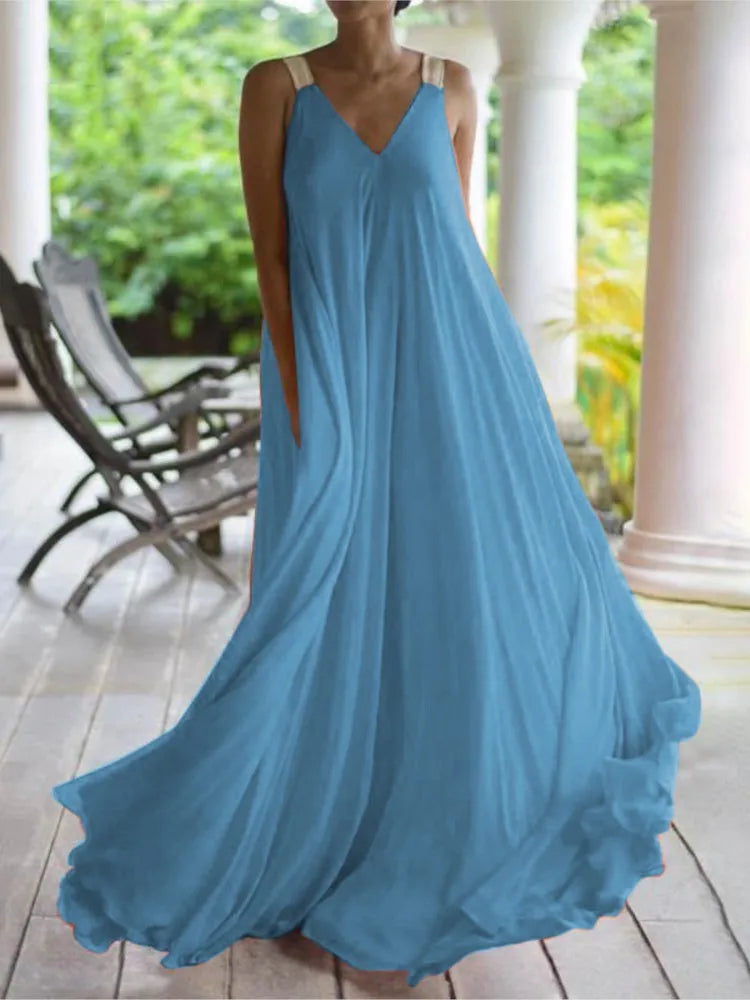 Chloë - Women's Sleeveless V-Neck Boho Maxi Dress in Solid Color, Relaxed Summer Fit
