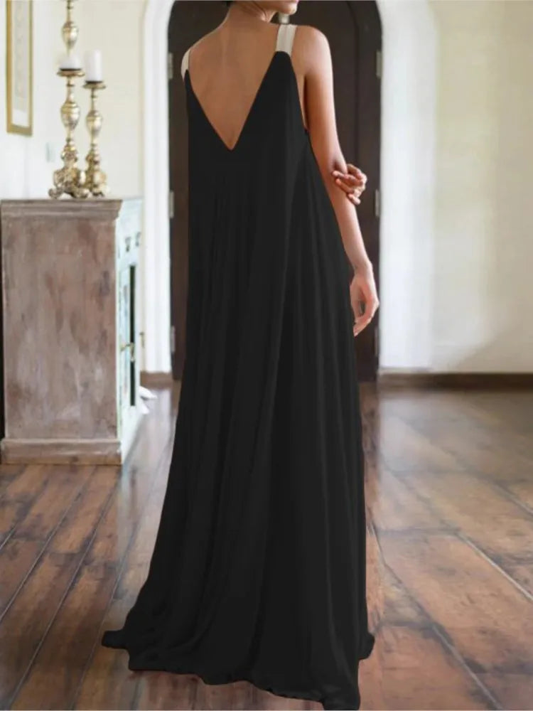 Chloë - Women's Sleeveless V-Neck Boho Maxi Dress in Solid Color, Relaxed Summer Fit