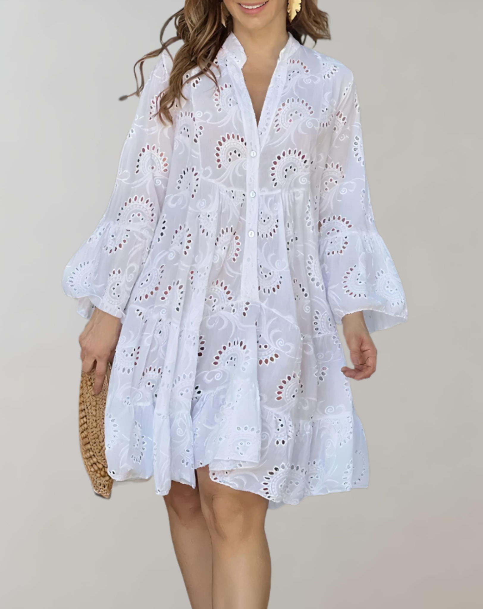 Stylish V-Neck Embroidered Dress with Bell Sleeves for Maximum Comfort