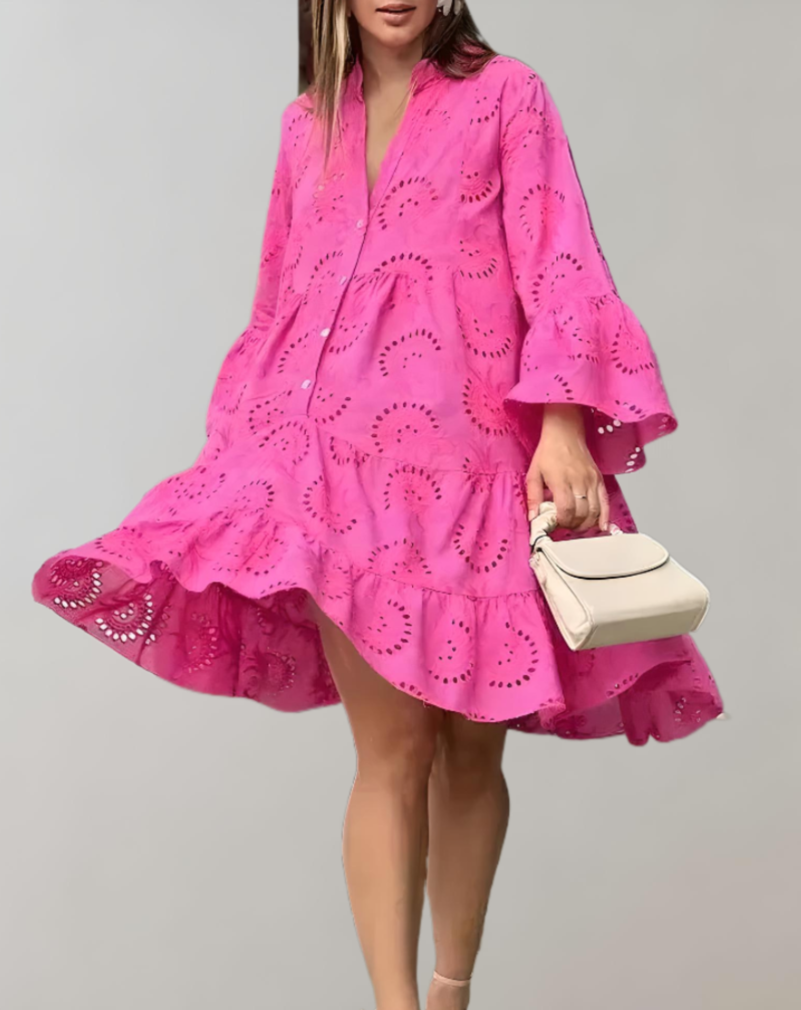 Stylish V-Neck Embroidered Dress with Bell Sleeves for Maximum Comfort