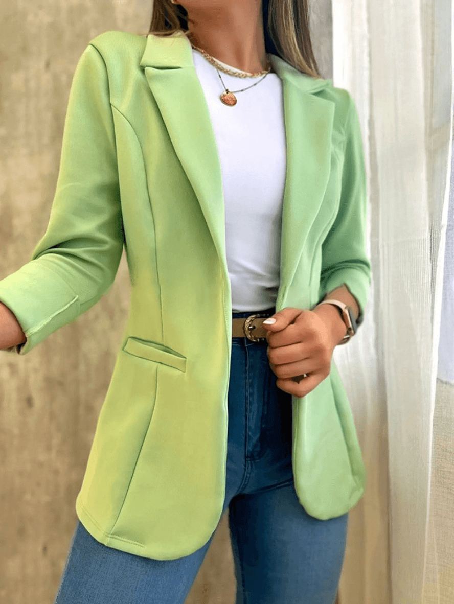 Stylish Women's Solid Blazer with Pockets, Lapel Collar, and Long Sleeves