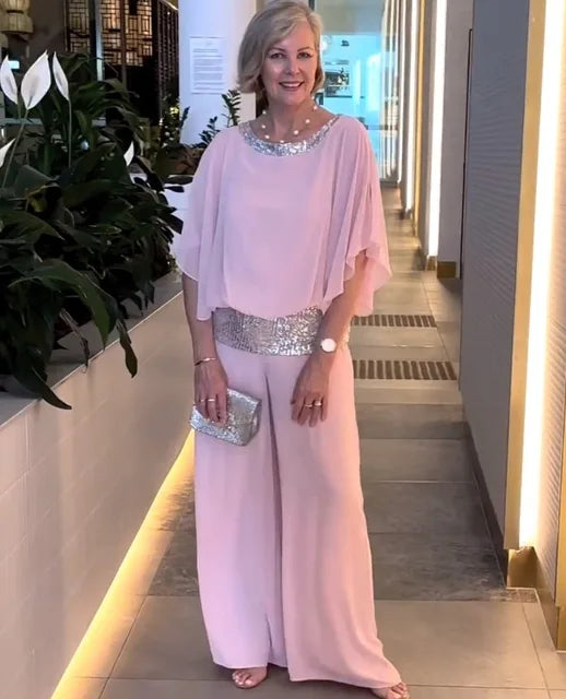 Chic Evening Ensemble: Sparkling Blouse & Palazzo Trousers