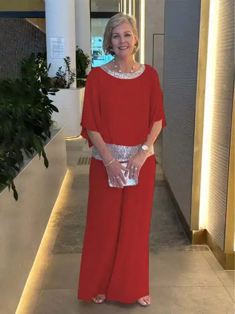 Chic Evening Ensemble: Sparkling Blouse & Palazzo Trousers