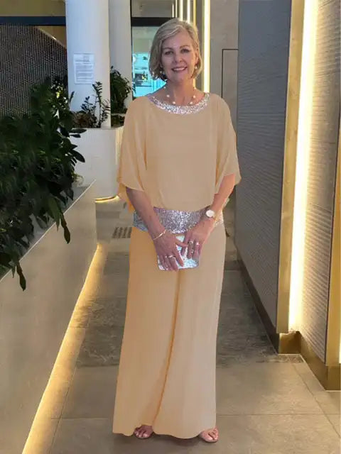 Chic Evening Ensemble: Sparkling Blouse & Palazzo Trousers