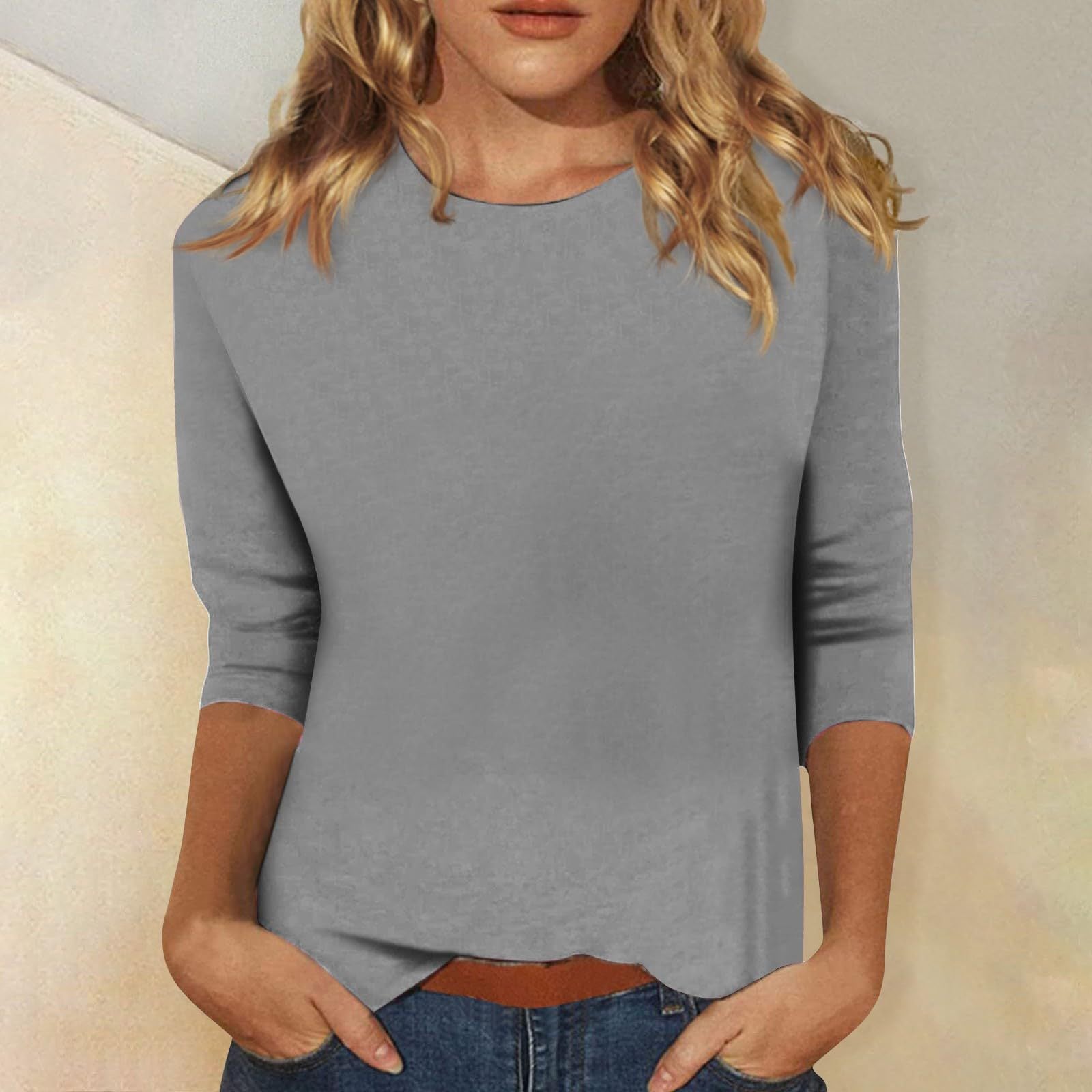 Stylish 3/4 Sleeve Casual Women's Top with Curved Hem by Heidi Fashion