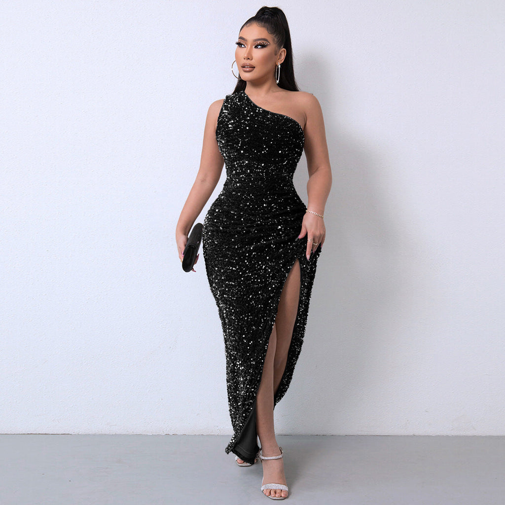 Chic One-Shoulder Sequin Gown with a Dramatic High Slit