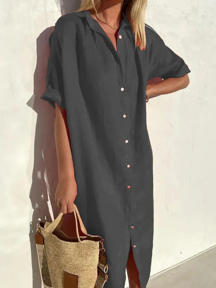 Chic Cotton-Linen Women's Dress with Wide Sleeves and Button Details
