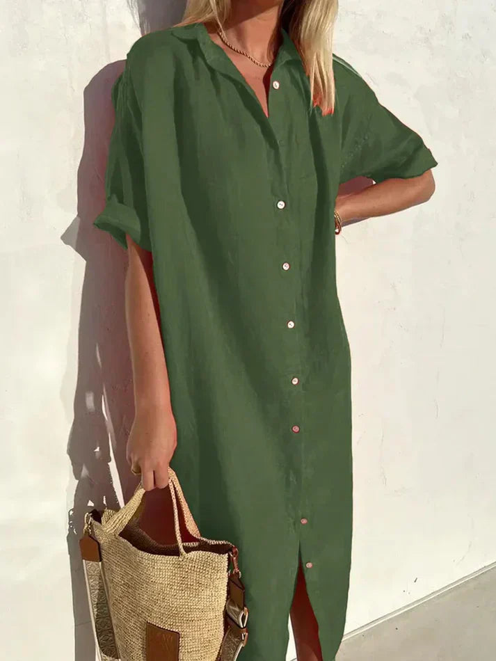 Chic Cotton-Linen Women's Dress with Wide Sleeves and Button Details