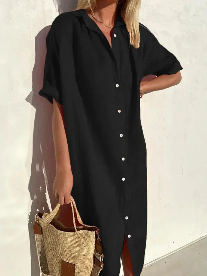 Chic Cotton-Linen Women's Dress with Wide Sleeves and Button Details