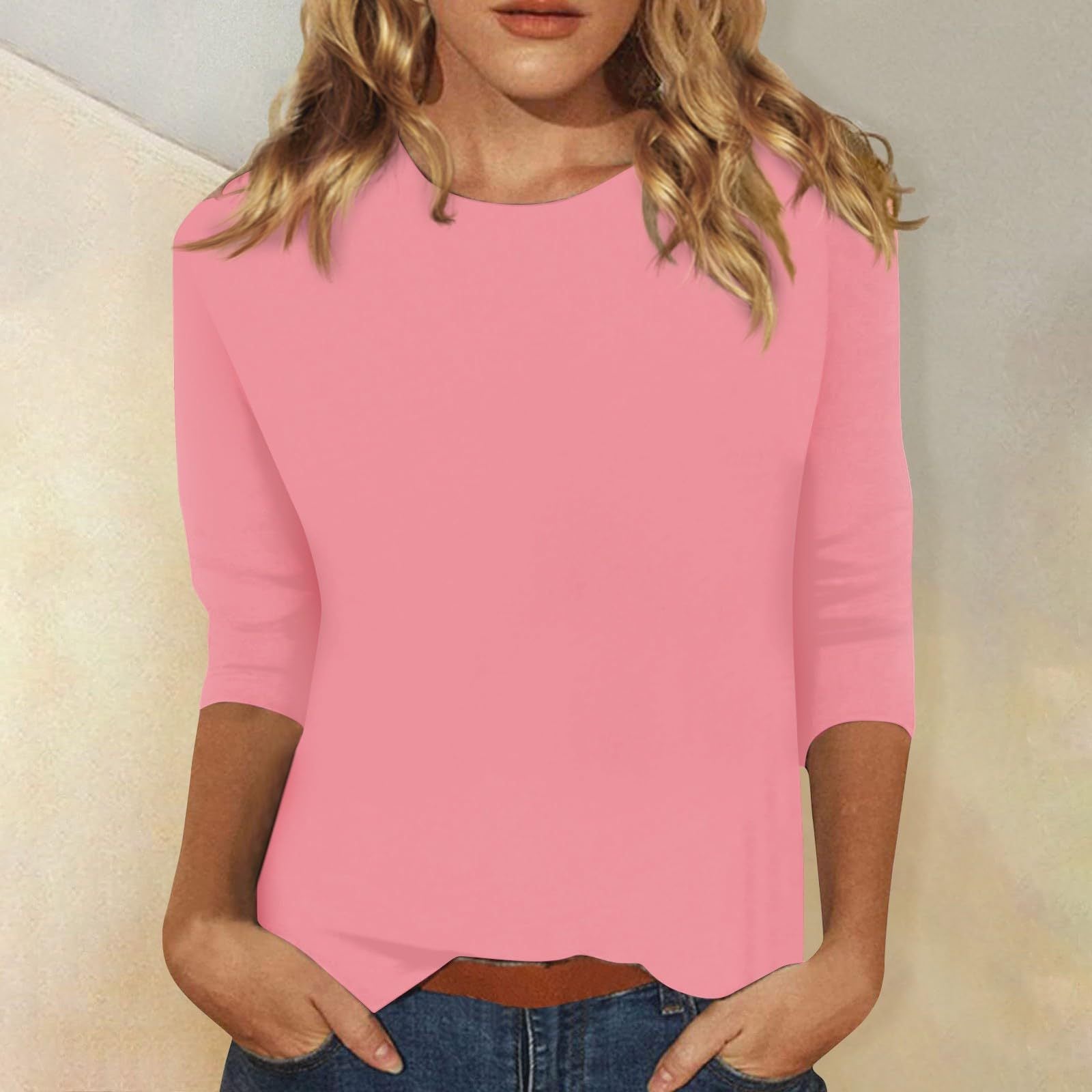 Stylish 3/4 Sleeve Casual Women's Top with Curved Hem by Heidi Fashion