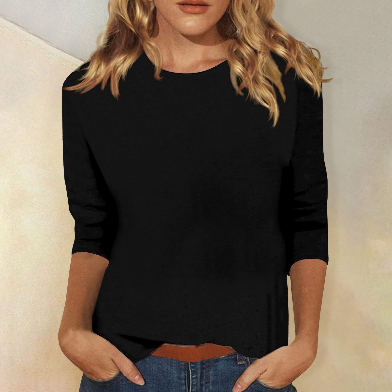 Stylish 3/4 Sleeve Casual Women's Top with Curved Hem by Heidi Fashion