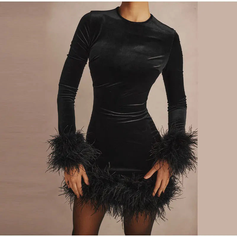 Chic Sheath Dress Featuring Feather-Trimmed Sleeves