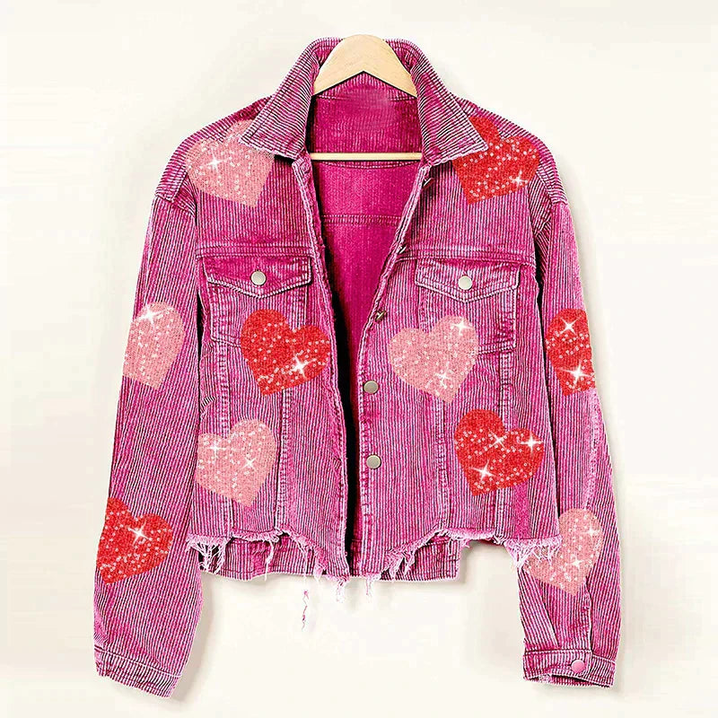 Heart-Embellished Sequin Corduroy Jacket