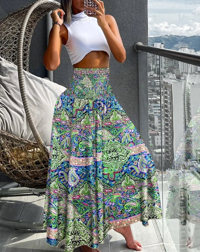 Elegant A-Line High-Waisted Skirt with Flowy Design and Elastic Waist