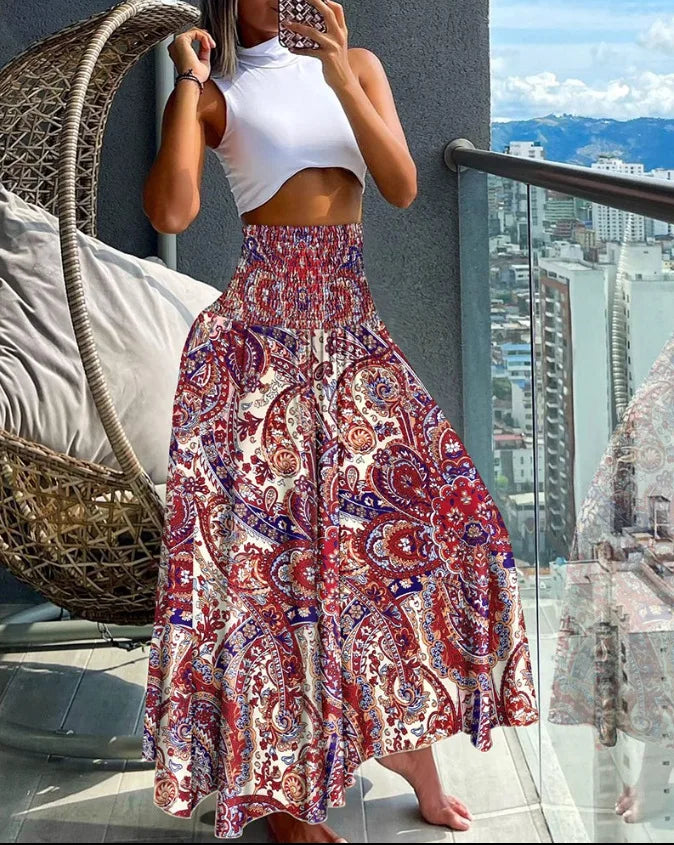 Elegant A-Line High-Waisted Skirt with Flowy Design and Elastic Waist