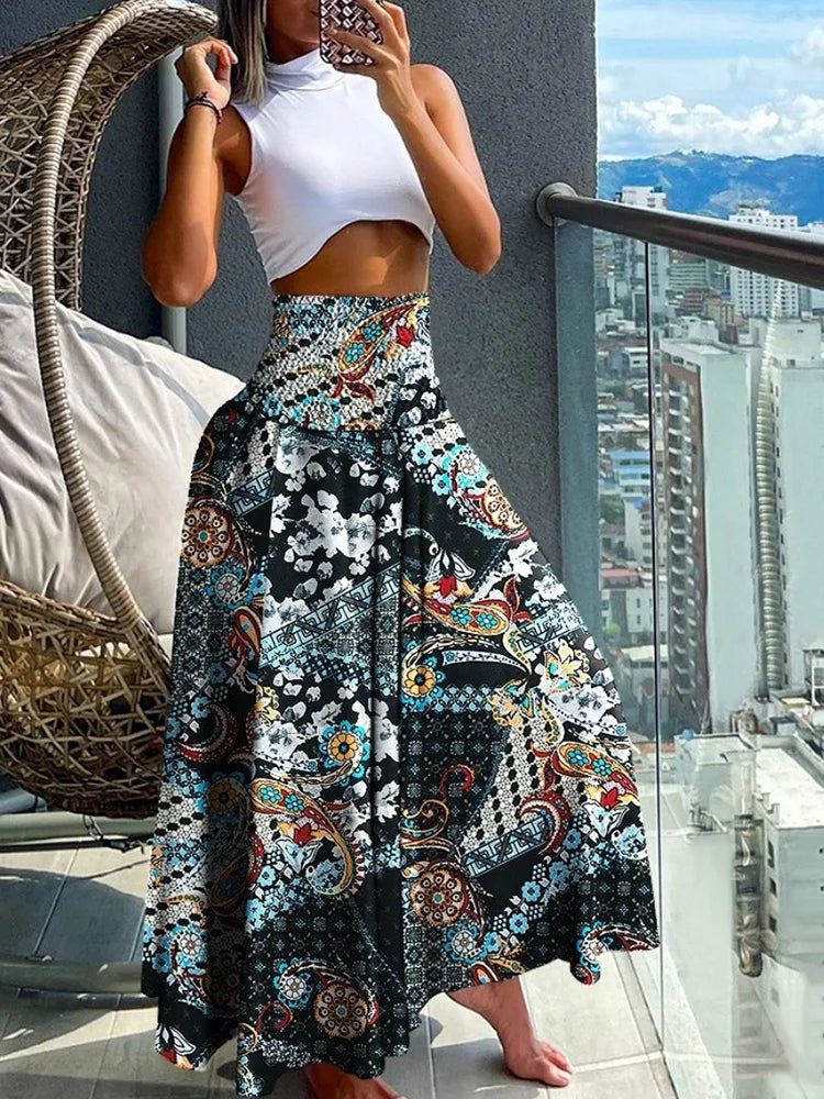 Elegant A-Line High-Waisted Skirt with Flowy Design and Elastic Waist