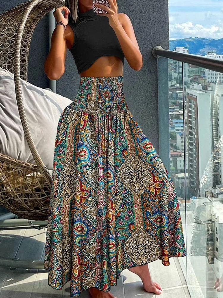 Elegant A-Line High-Waisted Skirt with Flowy Design and Elastic Waist