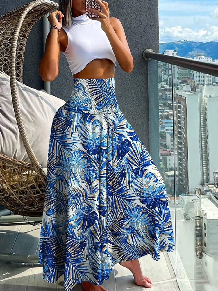 Elegant A-Line High-Waisted Skirt with Flowy Design and Elastic Waist
