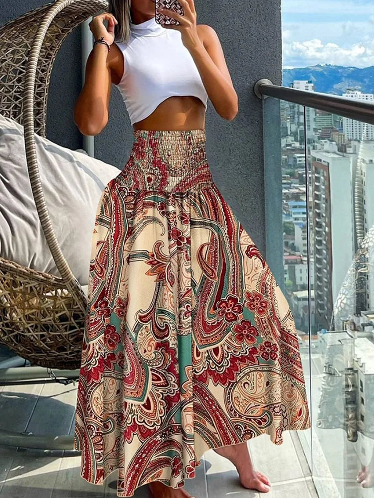 Elegant A-Line High-Waisted Skirt with Flowy Design and Elastic Waist