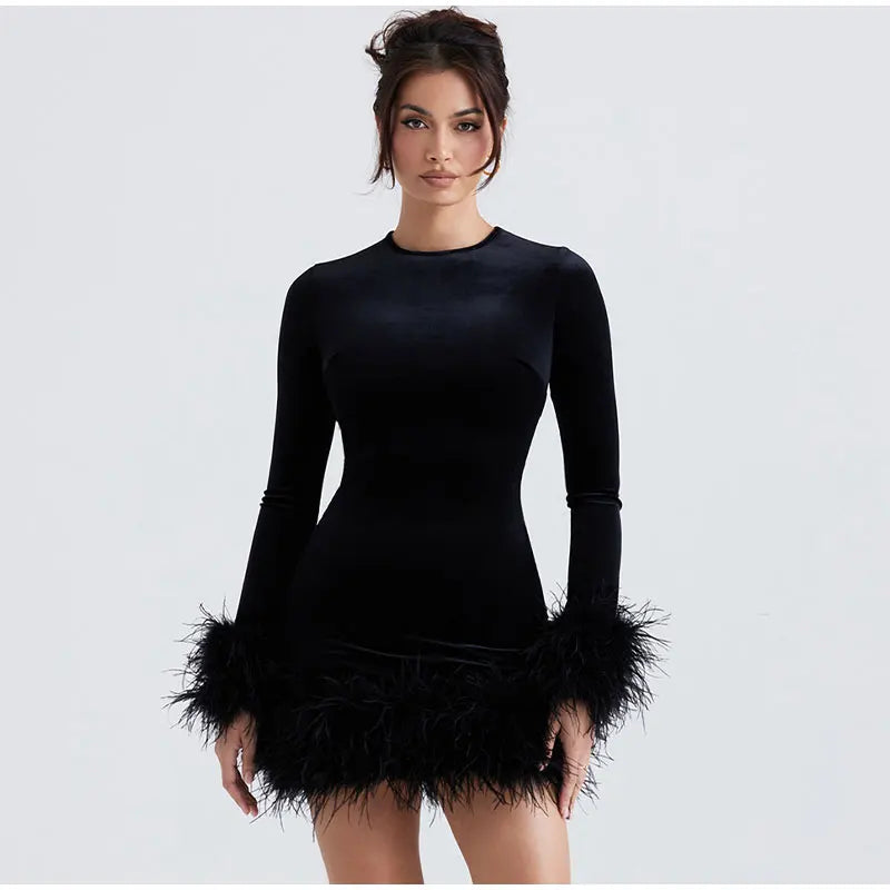 Chic Sheath Dress Featuring Feather-Trimmed Sleeves