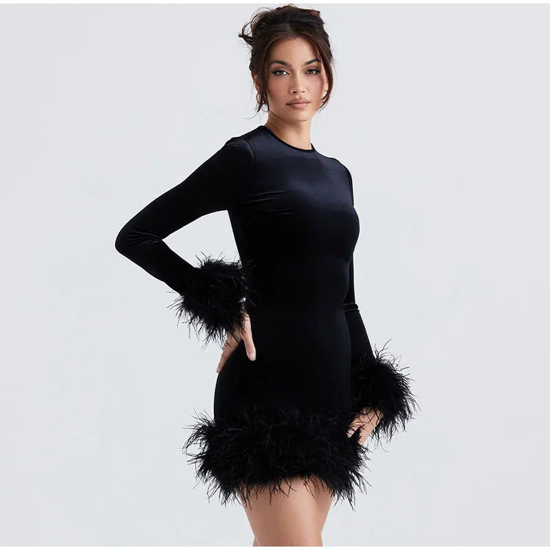Chic Sheath Dress Featuring Feather-Trimmed Sleeves