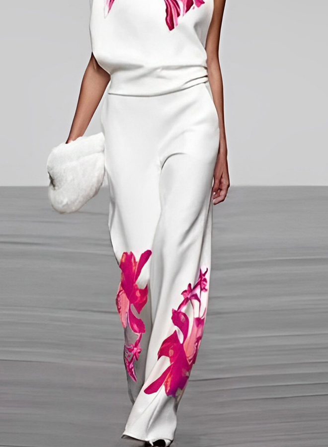 Floral Turtleneck and Wide-Leg Pants Ensemble
