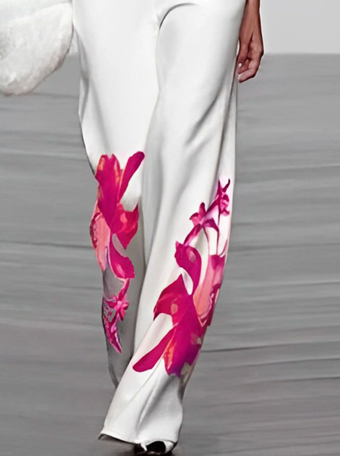 Floral Turtleneck and Wide-Leg Pants Ensemble